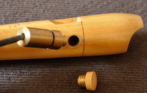 A soprano recorder fitted with the electra-acoustic system