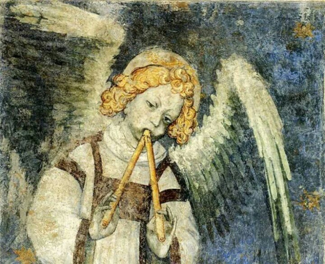Une fresque montrant un ange jouant une flûte double