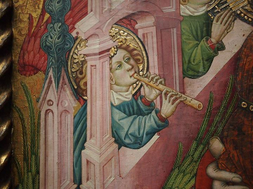 détail d'une peinture du XVe siècle montrant une flûte à bec